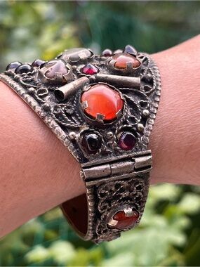 Vintage Ethnic Tribal Heavy Hinged Cuff Bracelet with Natural Stones